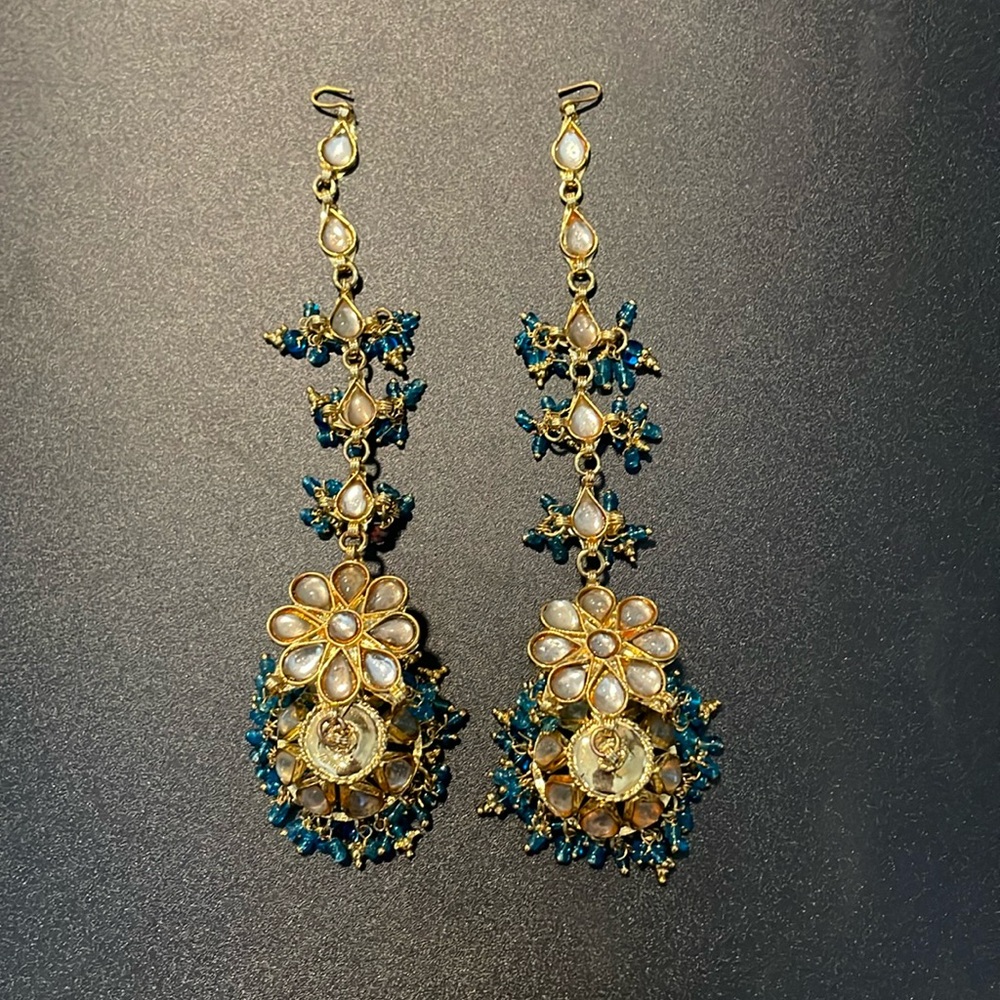 Indian Bollywood Jhumkas | Robin-Egg Earwrap w/ Blue Cut Glass Beads